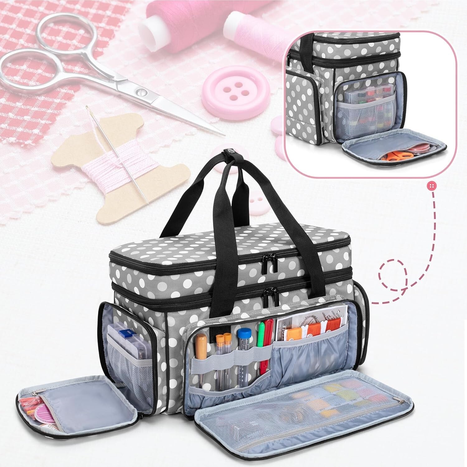 Durable Heavy-Duty Sewing Supplies Organizer Bag with Clear Pocket and Dividers