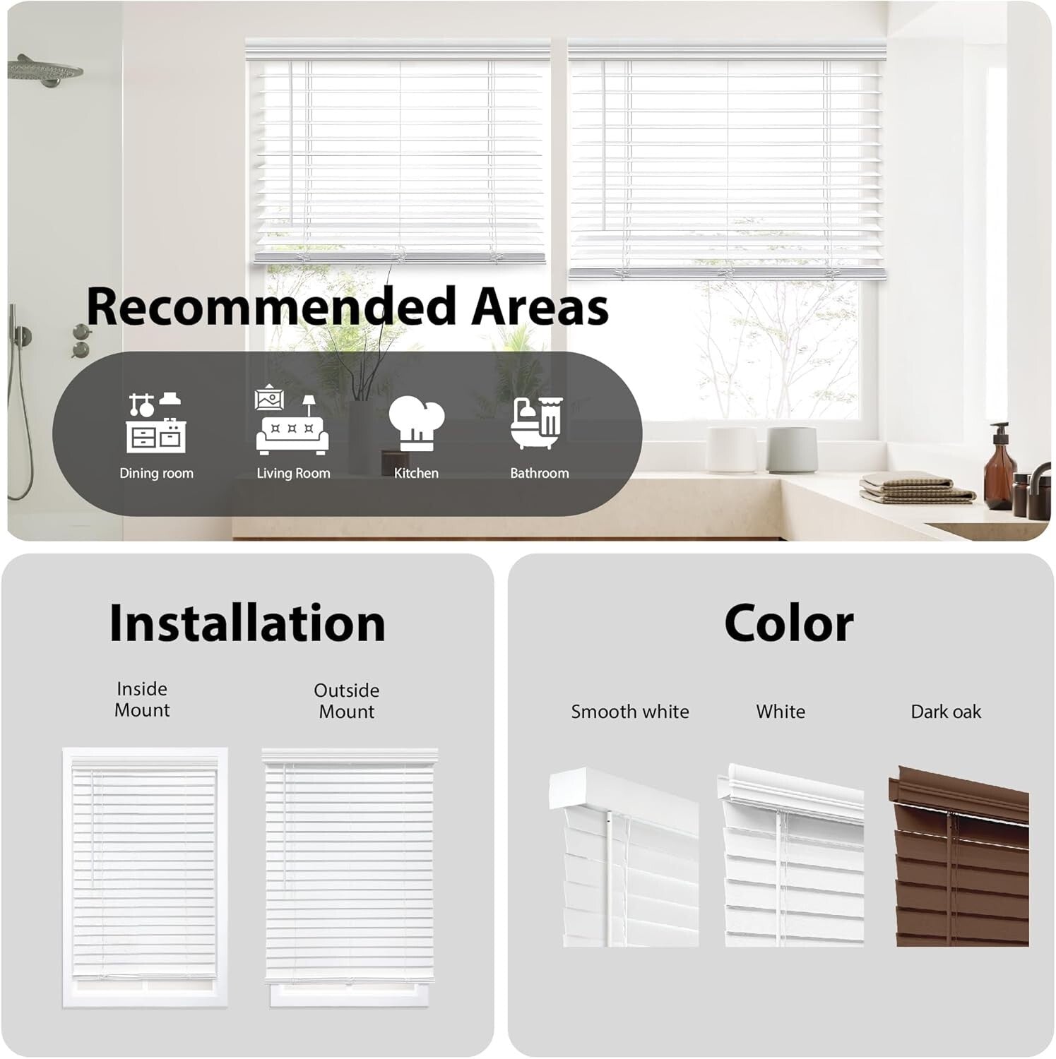 Cordless 2-Inch Faux Wood Blinds in White: 48" W x 60" H - Stylish Functionality