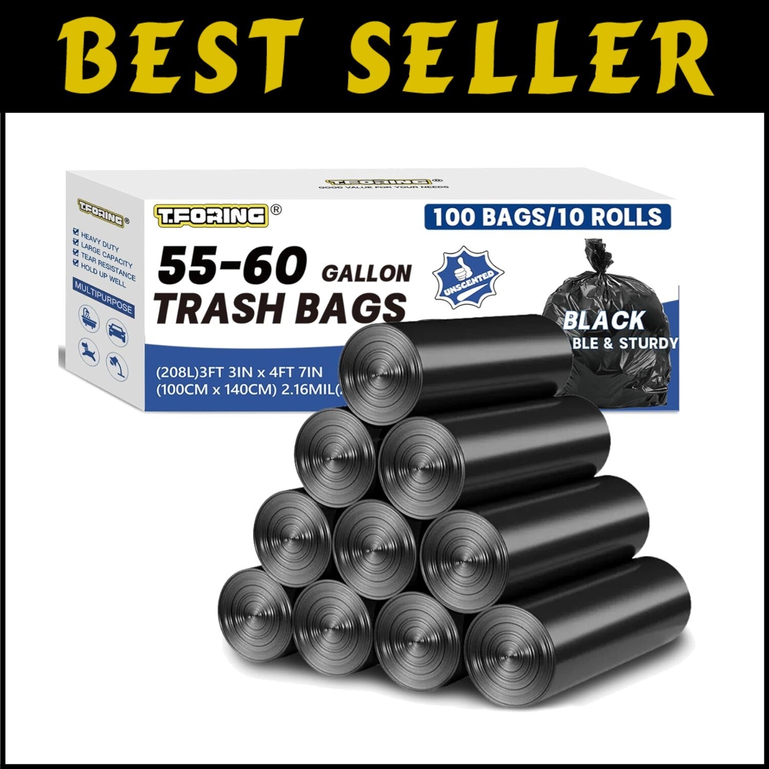 100 Heavy-Duty Unscented Trash Bags - 55-60 Gallon Waterproof Can Liners - Black