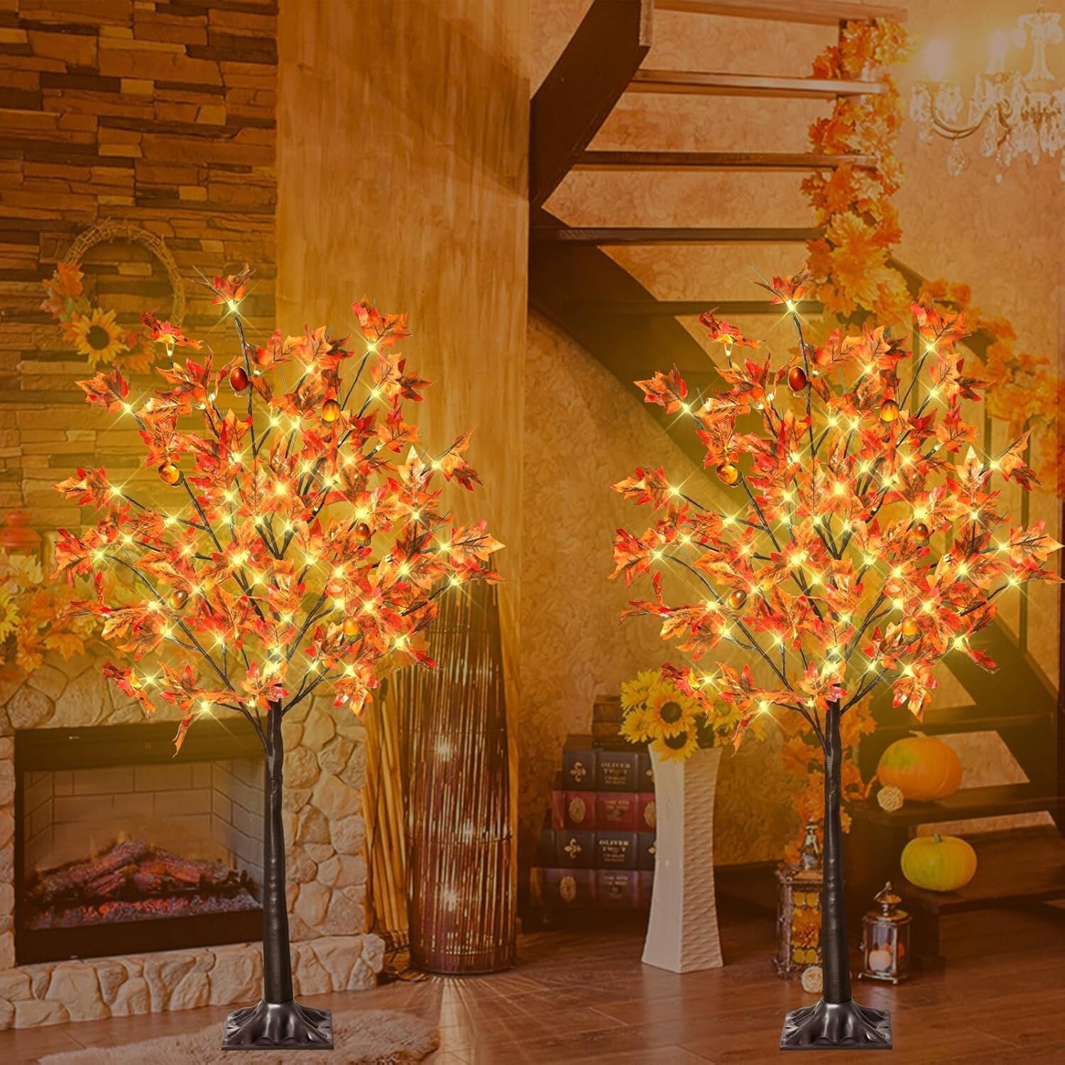 4FT Lighted Maple Trees - 8 Modes, 2 Pack Indoor/Outdoor Thanksgiving Decor