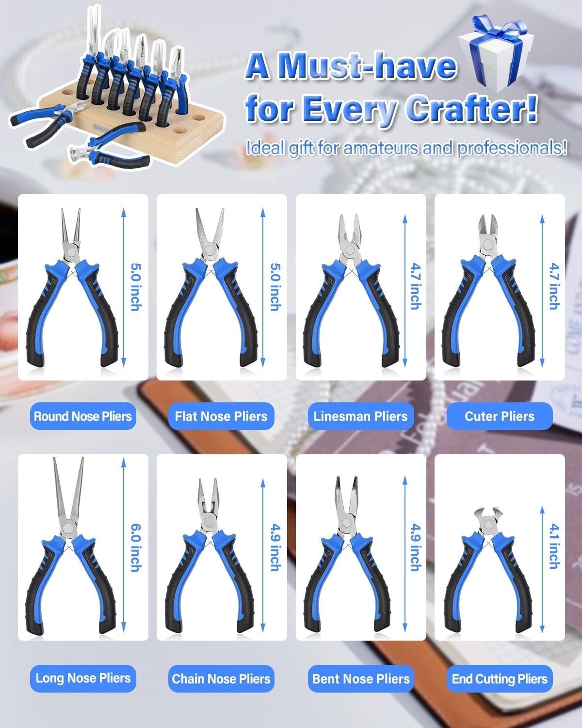 8-Pcs Professional Jewelry Pliers Set with Wood Holder for Crafting Perfection