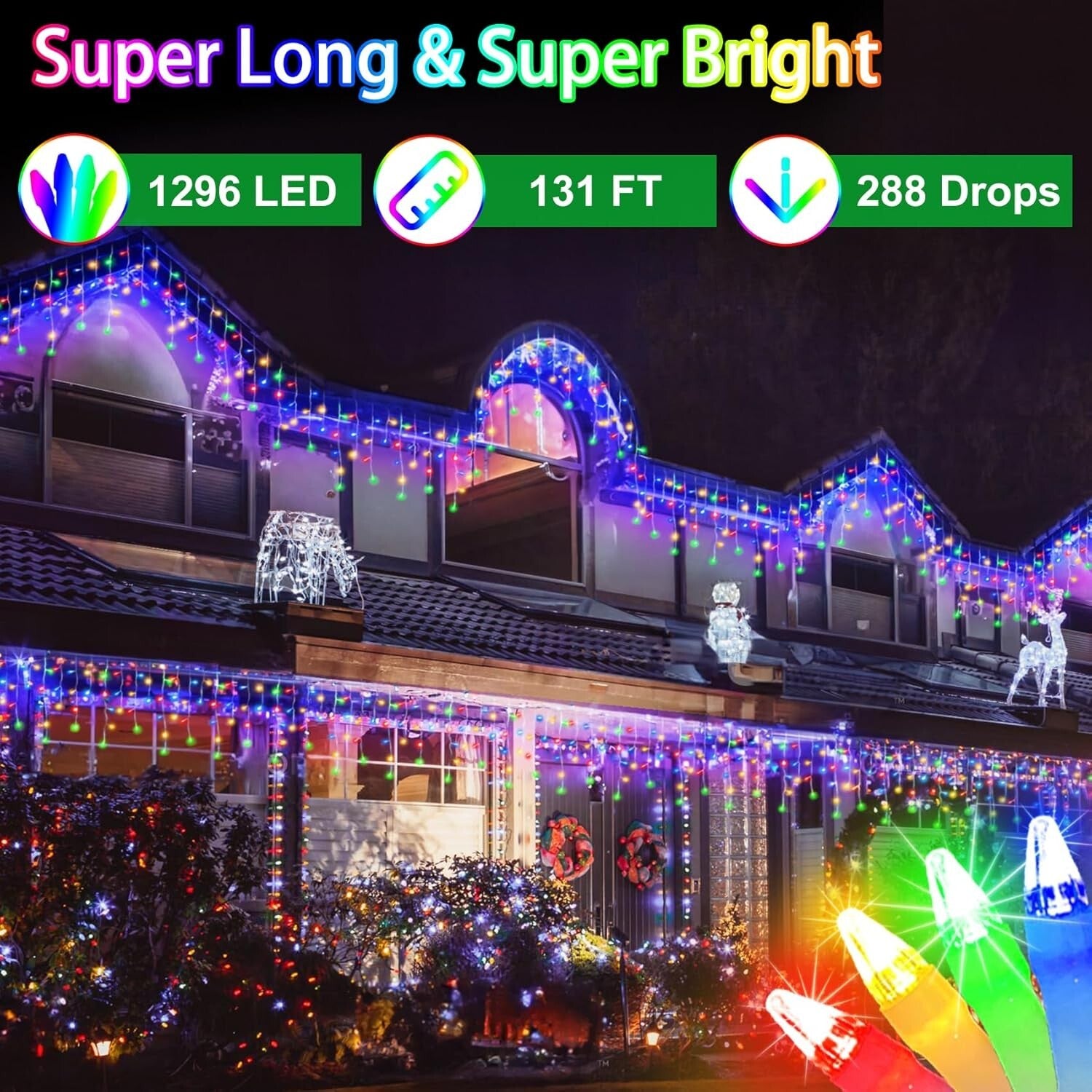 131FT Waterproof LED Curtain Lights - 1296 Multicolor Drops & Timer Function