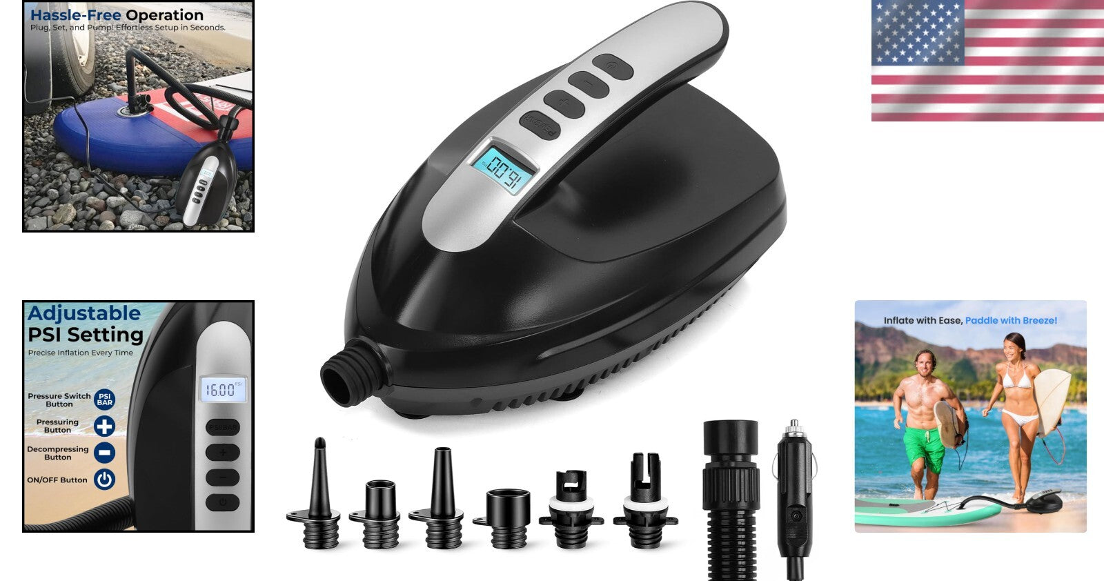 Quick Inflate Electric Pump with LCD Display for Paddle Boards & More - 12V