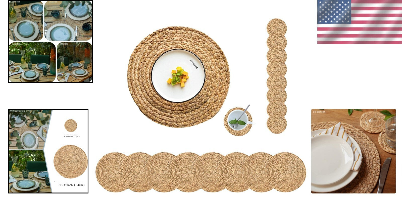 Boho Braided Placemats Set of 8 with Matching Coasters for Elegant Dining