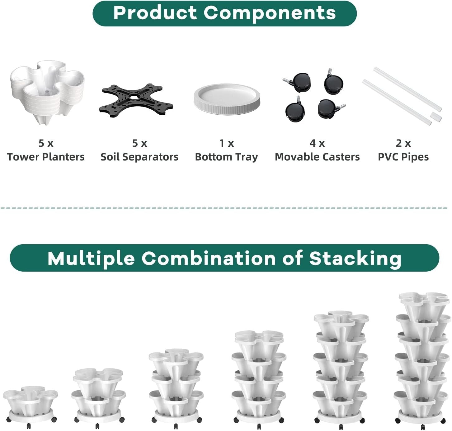 5-Tier Stackable Vertical Planter with Wheels - Indoor & Outdoor Garden Solution