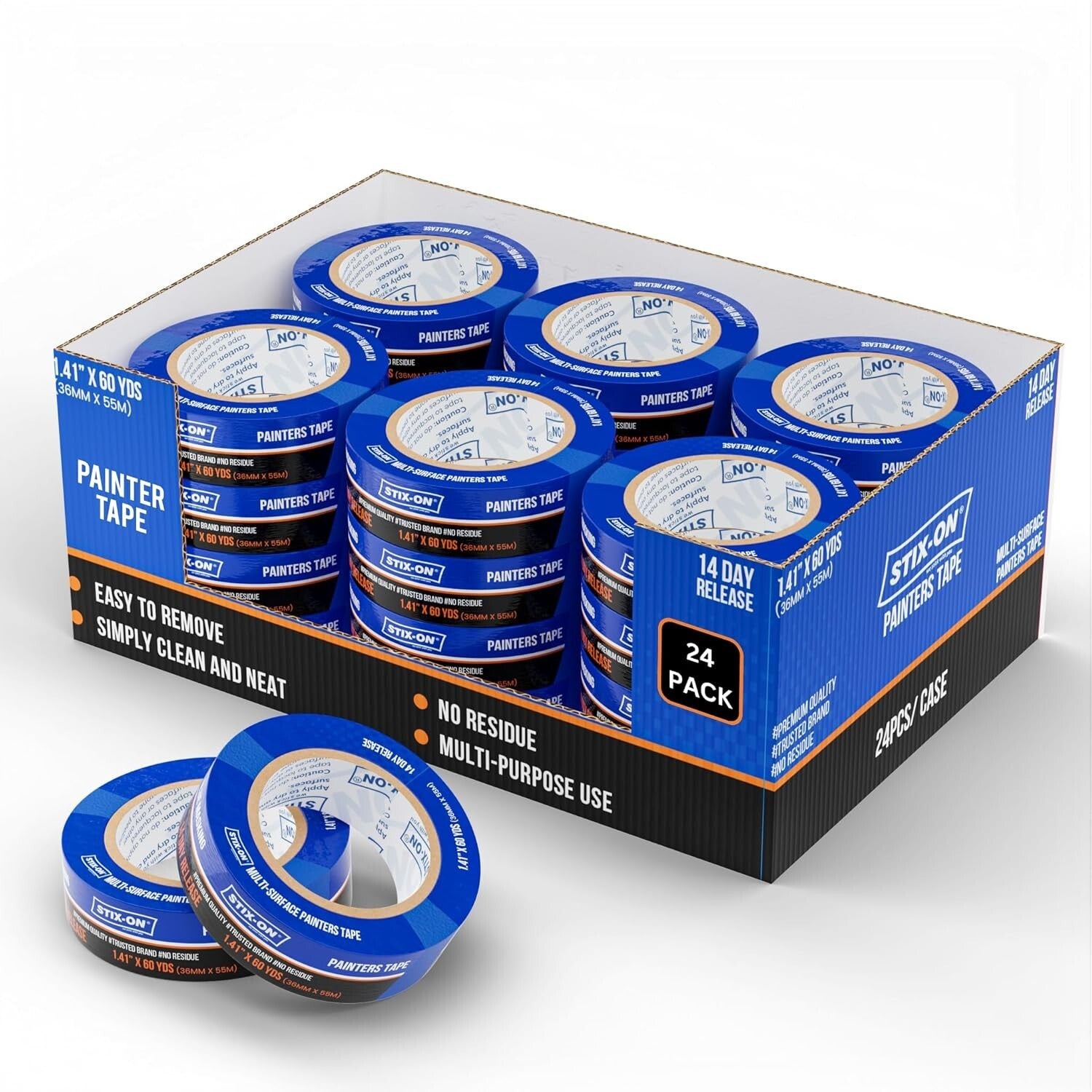 1.5 Inch Blue Painters Tape - 24 Rolls, Residue-Free for Perfect Paint Lines