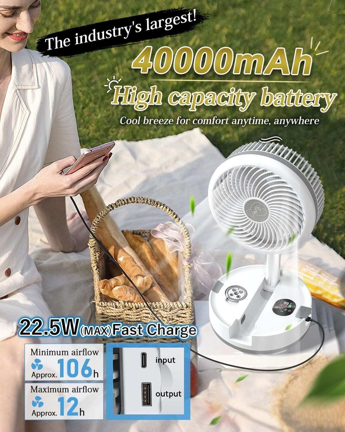 10-Inch Oscillating Portable Fan with Remote, LED Lights & 114HR Battery Life