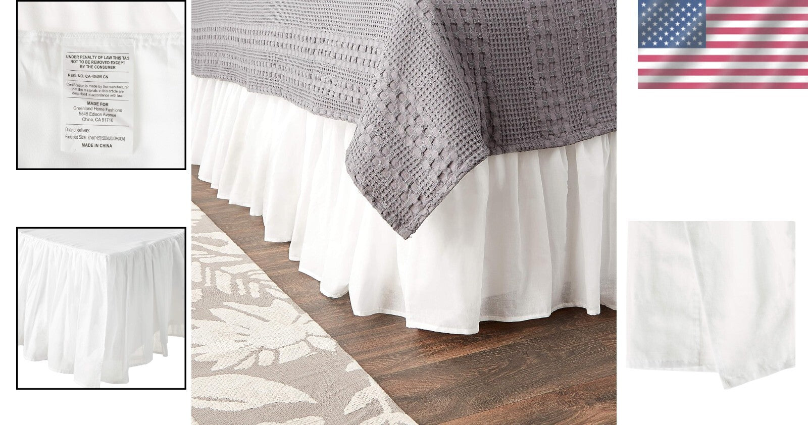 Gathered White Cotton Voile Dust Ruffle with Versatile Split Corners - 15" Drop