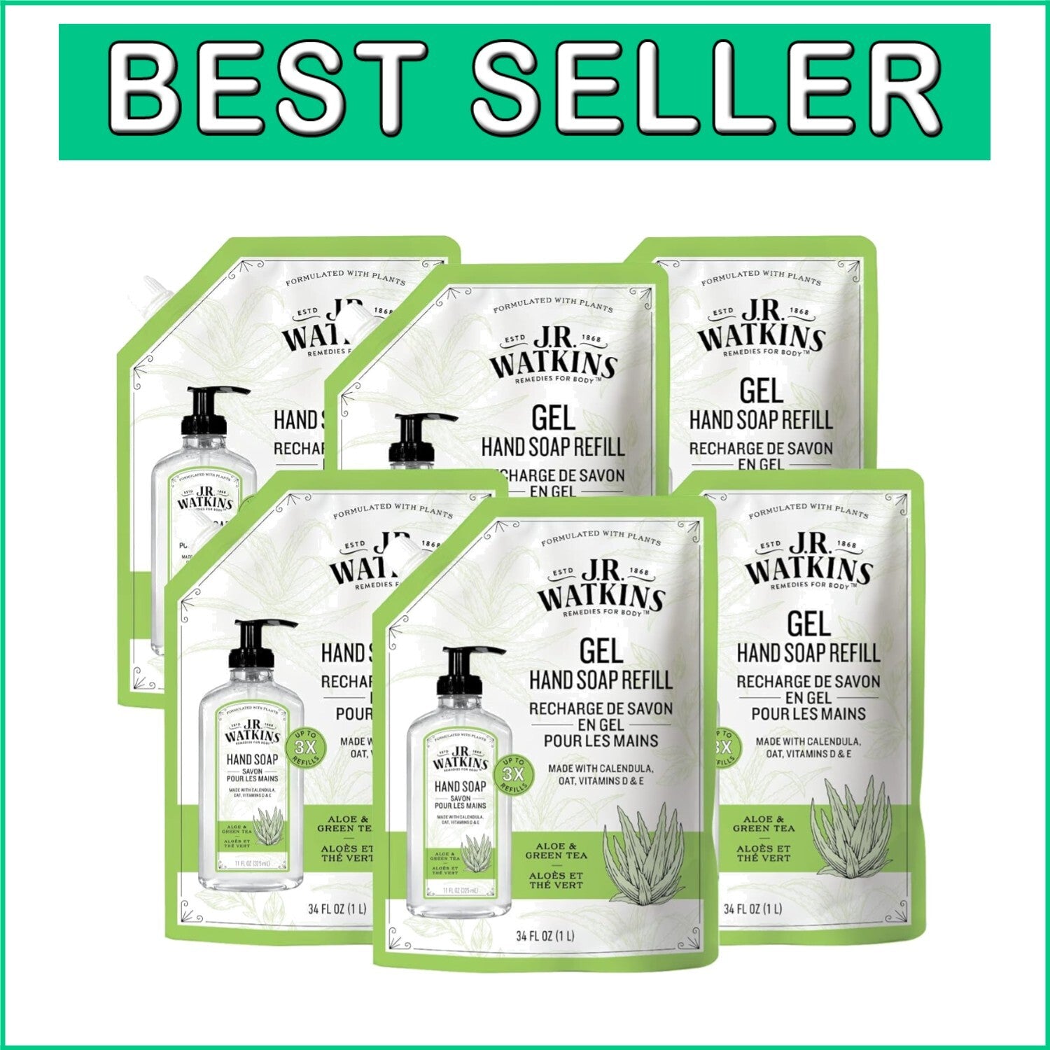 Aloe & Green Tea Scented Hand Wash Refill - 6 Pack 34 fl oz, Non-Drying Formula