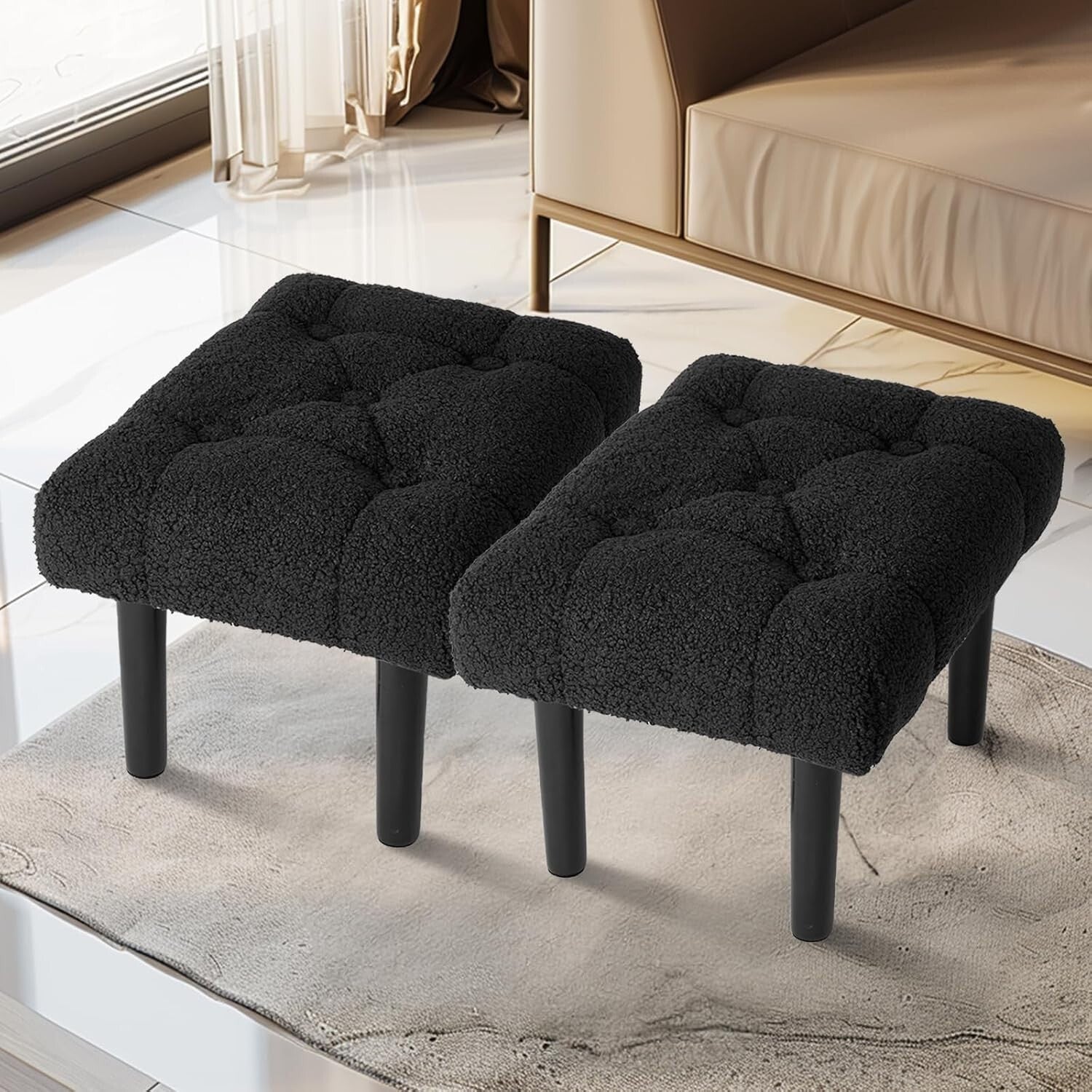 Elegant Jacquard Black Foot Rest Ottoman - Versatile Design for Modern Homes