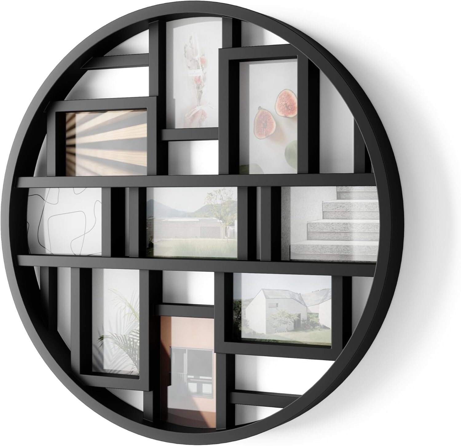 Gallery-Style Black Collage Frame Holds 9 Photos, 22-Inch Round Decor