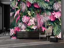 Load image into Gallery viewer, Large Tropical Leaves Wall Mural - 158" x 110" Silk Wallpaper for Living Rooms