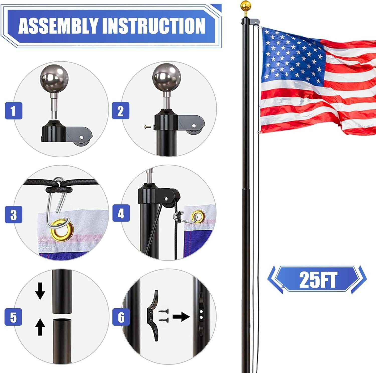 25FT Heavy-Duty Sectional Flag Pole Kit with 3x5FT American Flag for Outdoors