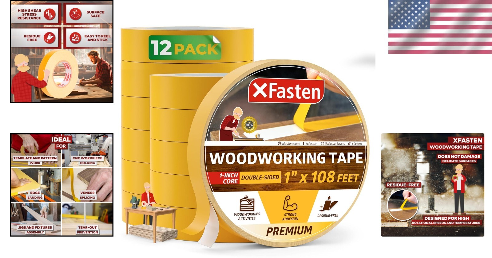12-Pack 1-Inch Double Sided Woodworking Tape - Perfect for Templates and Edging