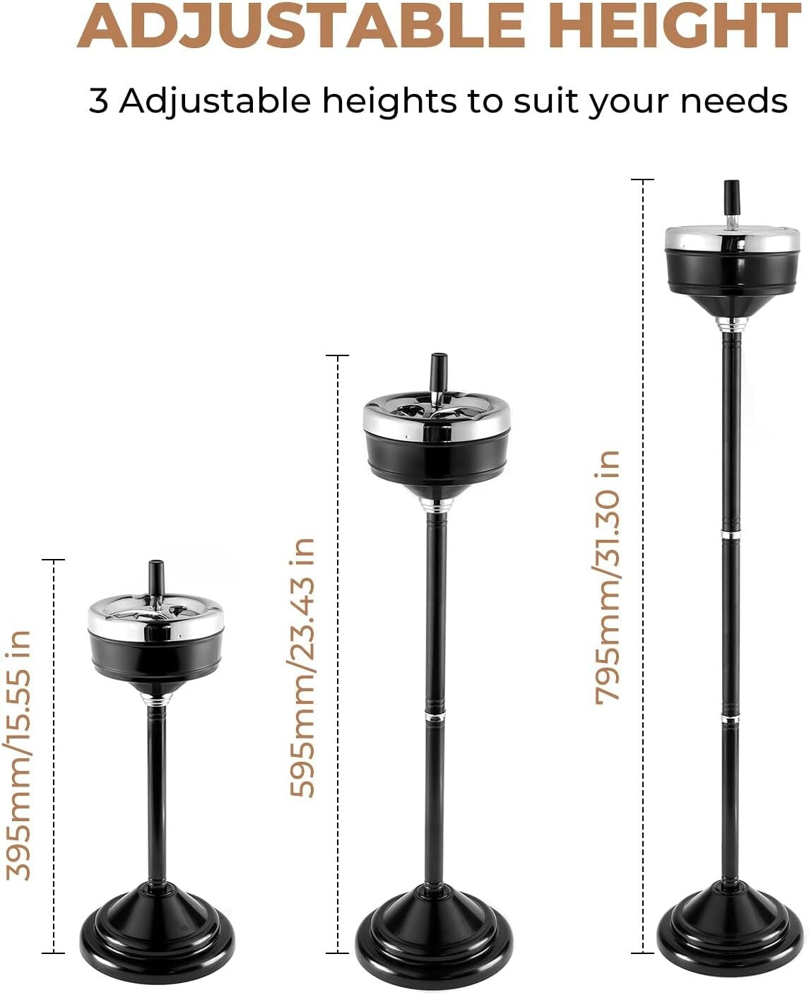 Adjustable Height Stainless Steel Self-Cleaning Ashtray for Indoor/Outdoor Use
