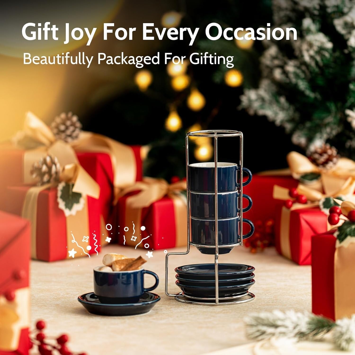 Set of 4 Stackable 4oz Espresso Cups with Saucers & Stand - Navy Comfort