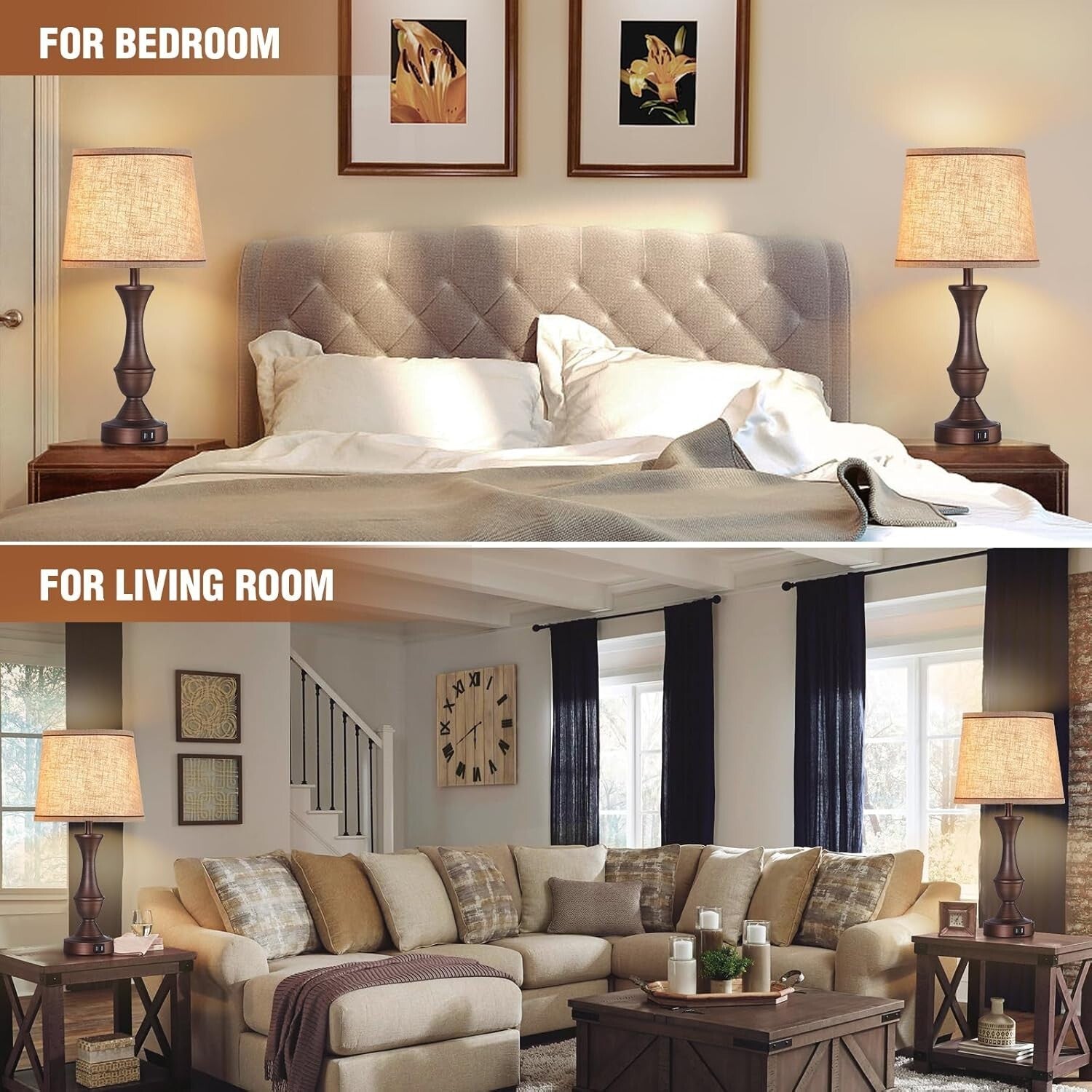 Elegant Touch Bedside Lamps Set with USB Ports - 22" Modern Dimming Lamps