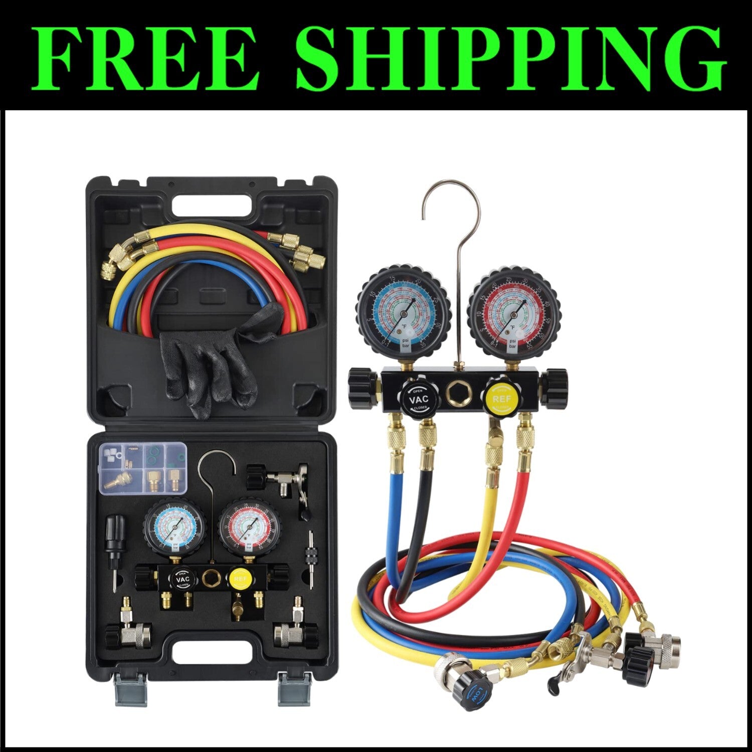 4-Way HVAC Diagnostic Gauge Set with Adjustable Couplers - 0-800 PSI Range