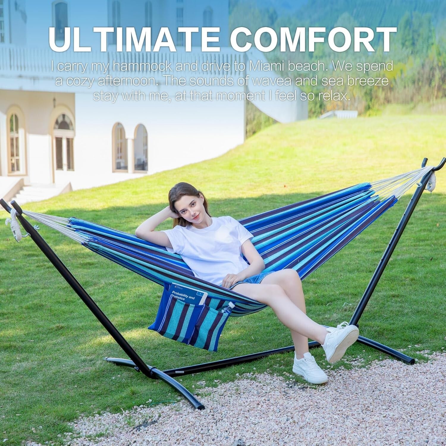 Brazilian Hammock with Steel Stand - 450lb Capacity, Portable Carry Bag Included