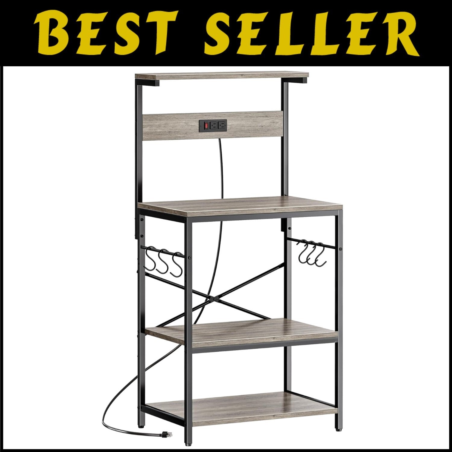 Versatile Kitchen Bakers Rack with Power Outlets & 6 Hooks for Easy Organization