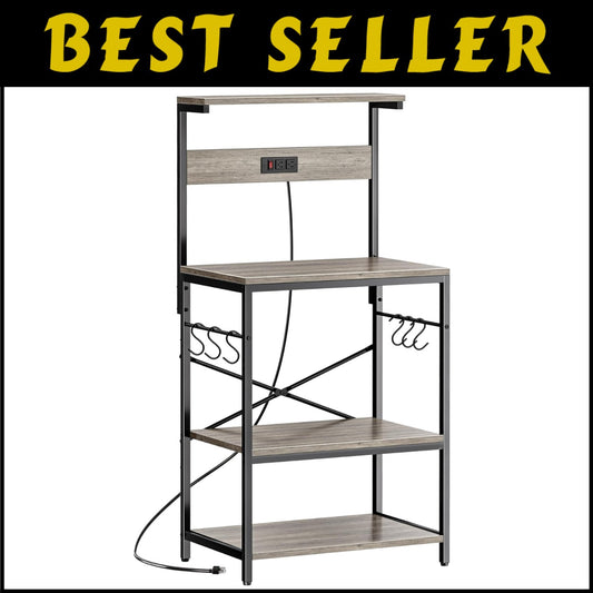 Versatile Kitchen Bakers Rack with Power Outlets & 6 Hooks for Easy Organization