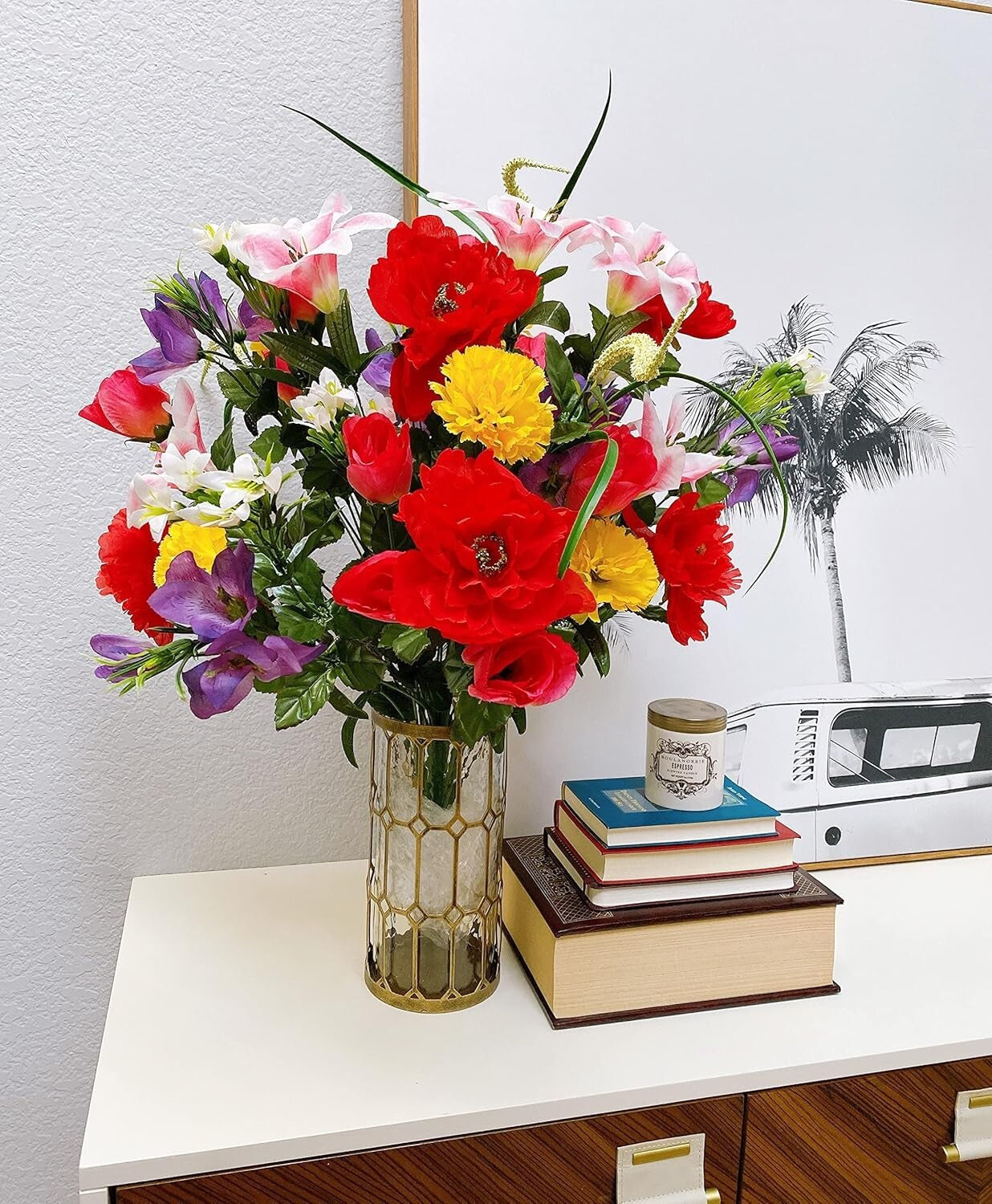 40-Stem Artificial Mixed Flower Arrangement - Vibrant Roses, Lilies & Peonies