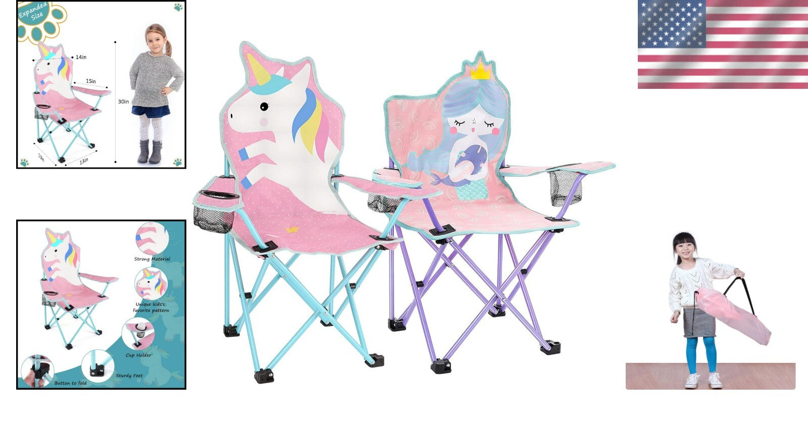Durable Kids Outdoor Camping Chair with Cup Holder & Carrying Bag - Unicorn