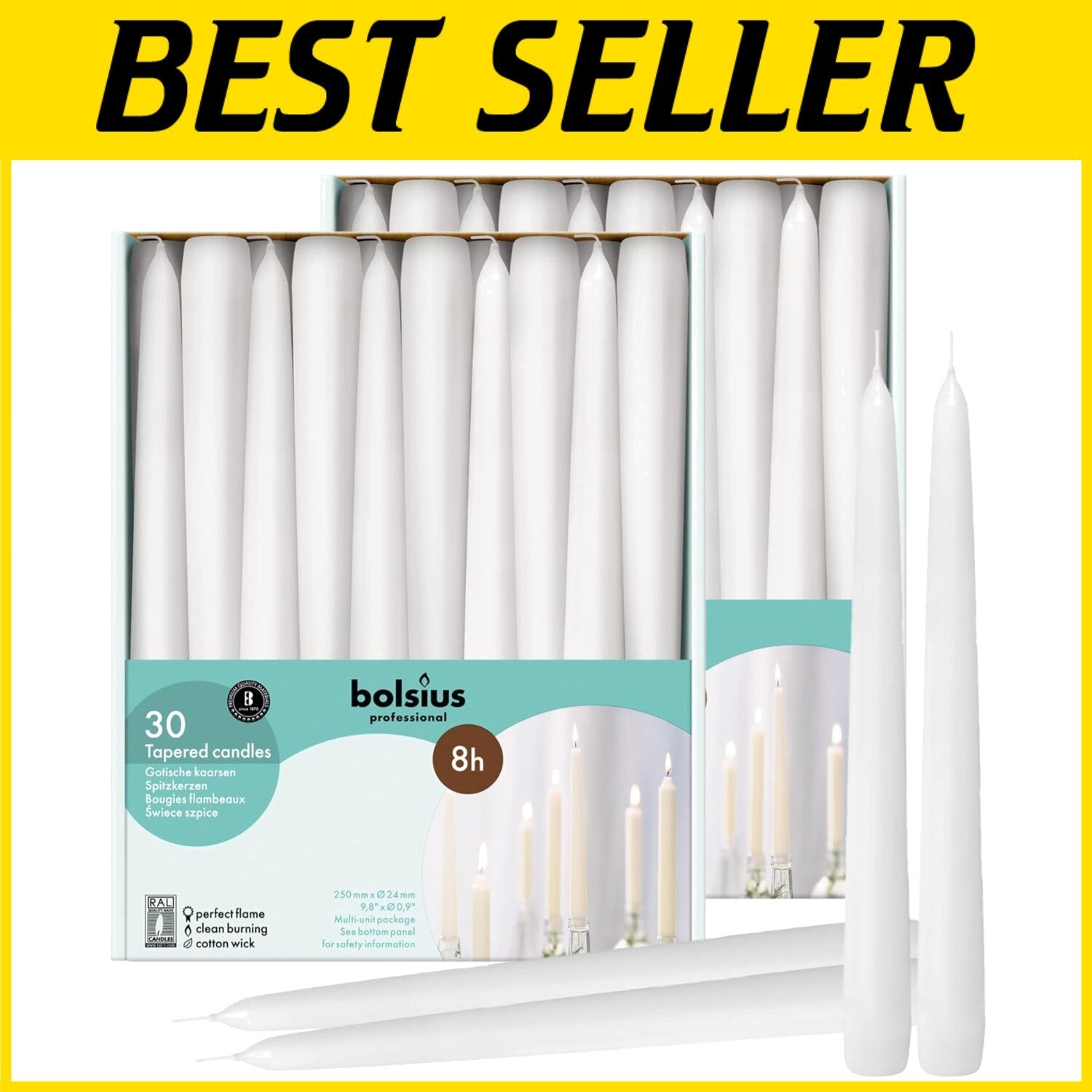 Elegant 60-Pack 10-Inch Long-Lasting Smokeless White Taper Candles - 8 Hour Burn