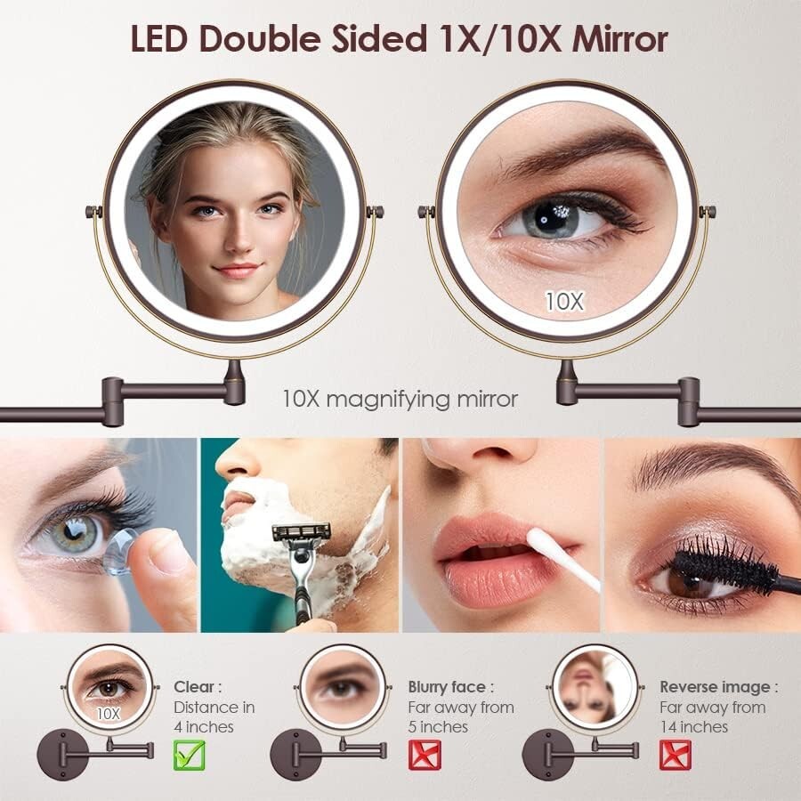 Stylish 360° Swivel LED Makeup Mirror with 1X/10X Magnification for Easy Viewing