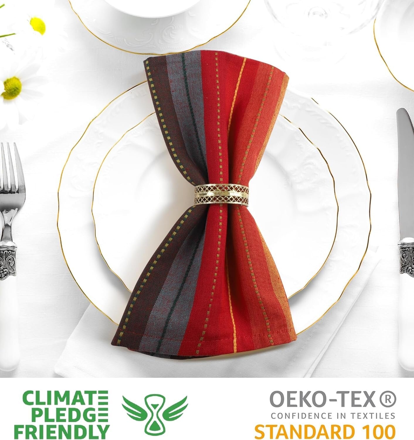 Red Multi Color Striped Napkin Set - 12 Premium Cotton Dinner Napkins 20x20