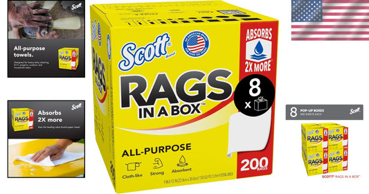 Large Scott Shop Towels, 9"x12", Absorbent 1-Ply Towels, 8 Boxes of 200 Sheets