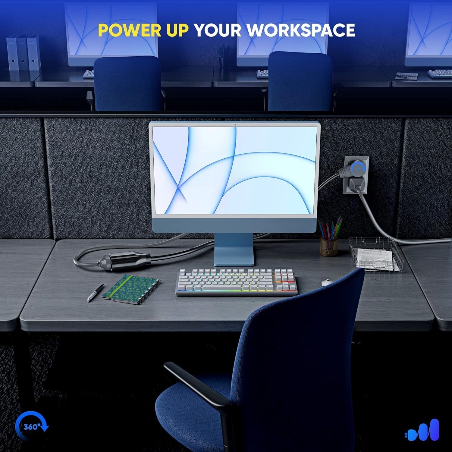 Space-Saving 360° Rotating Extension Cord - Black 5 Pack With Grounded Safety