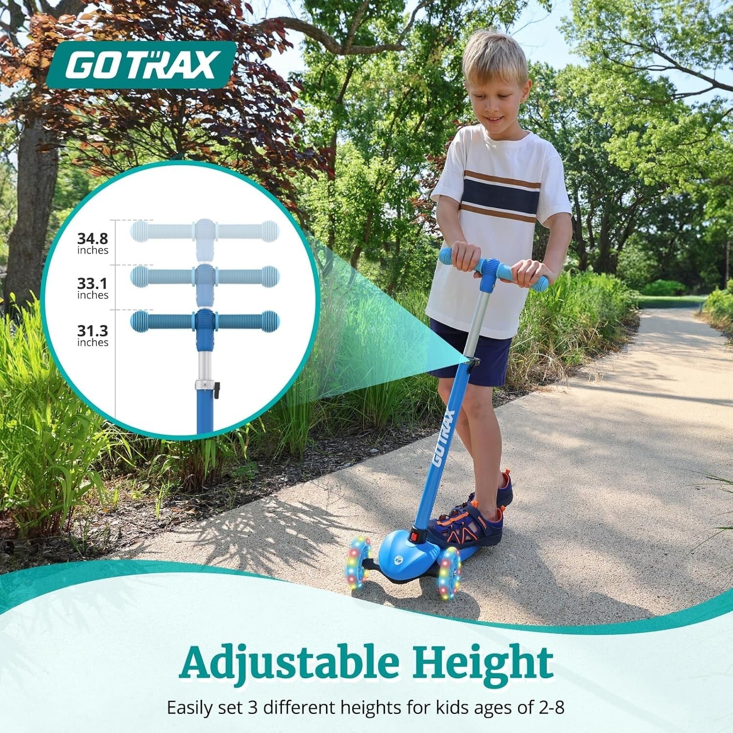 Blue Kids Kick Scooter - 3 Wheels, Adjustable Height & Rear Brake for Safety
