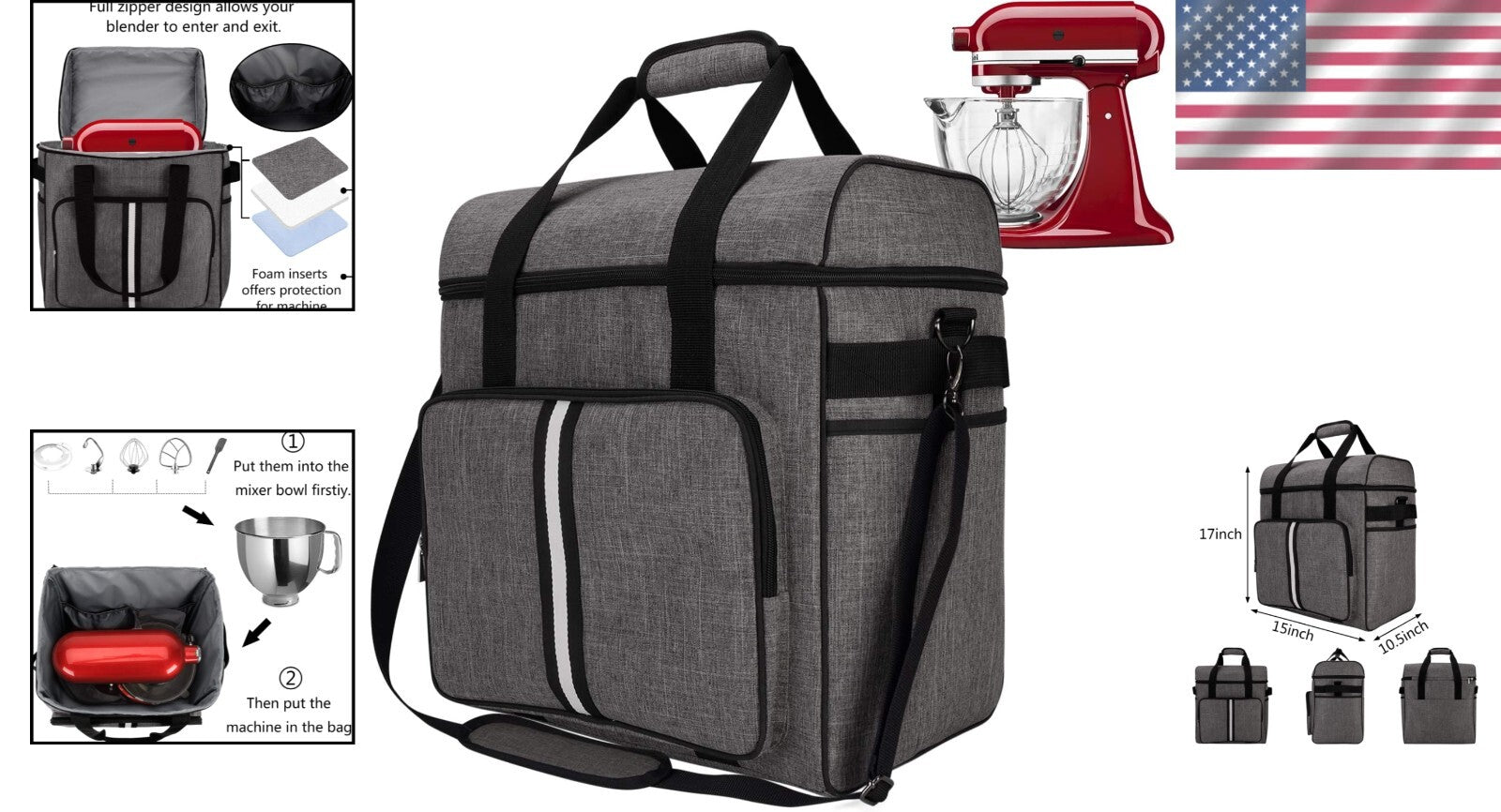 Ergonomic Kitchen Mixer Carrying Bag - Fits 6-8 Quart Mixers with Pockets