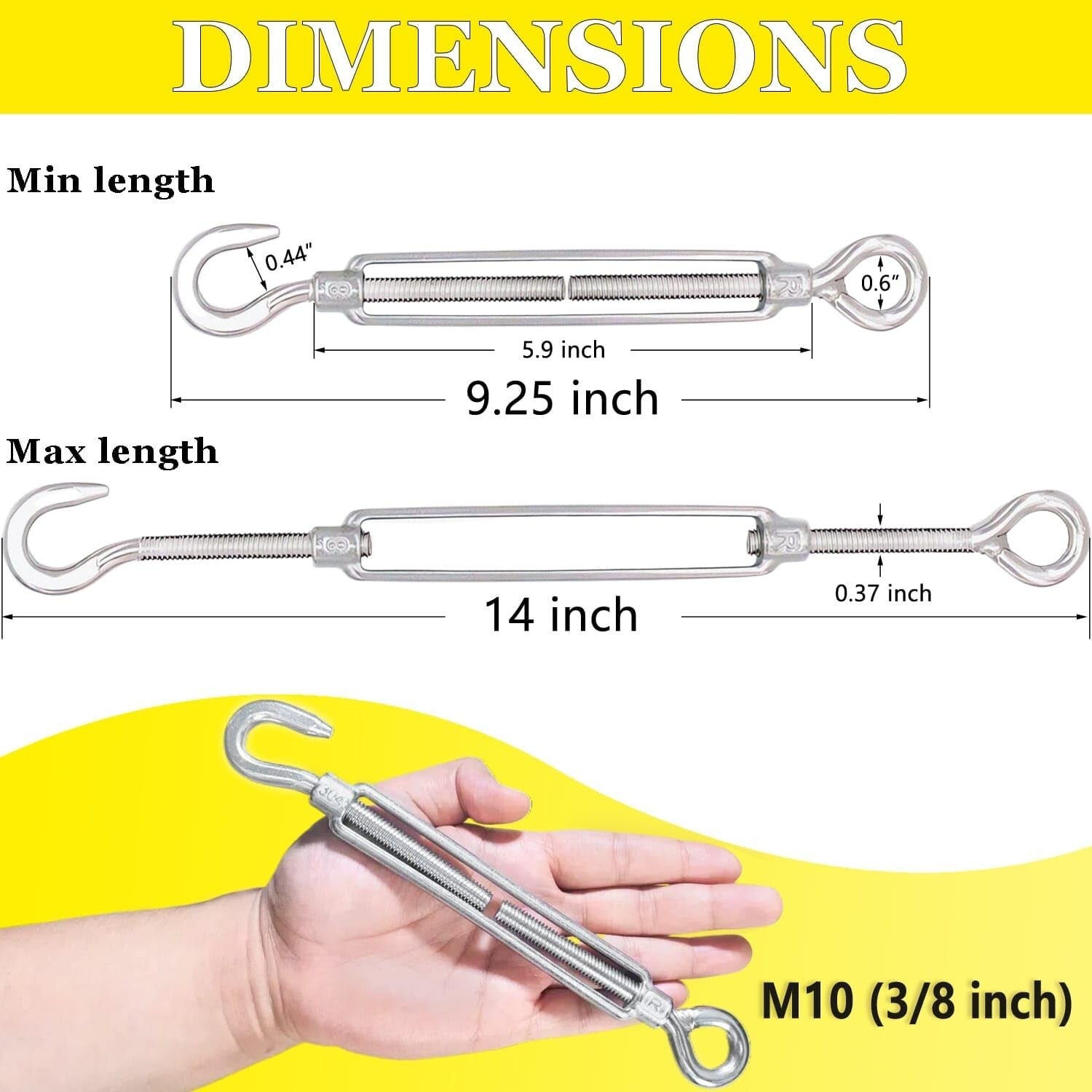 Durable 304 Stainless Steel Turnbuckles M10 - Heavy Duty Tensioners for Cables