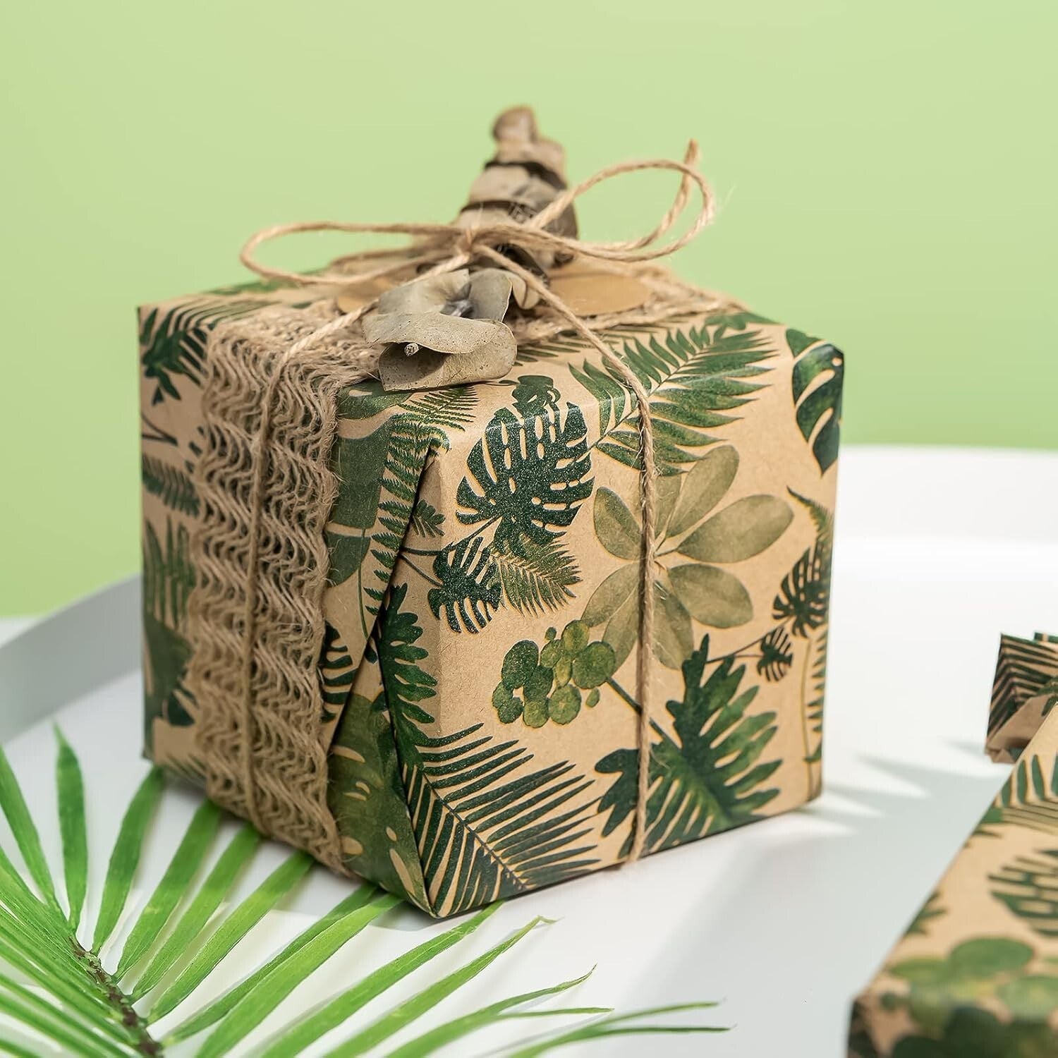 Eco-Friendly Kraft Wrapping Paper Roll with Floral Green Leaves - 196 Sq Ft