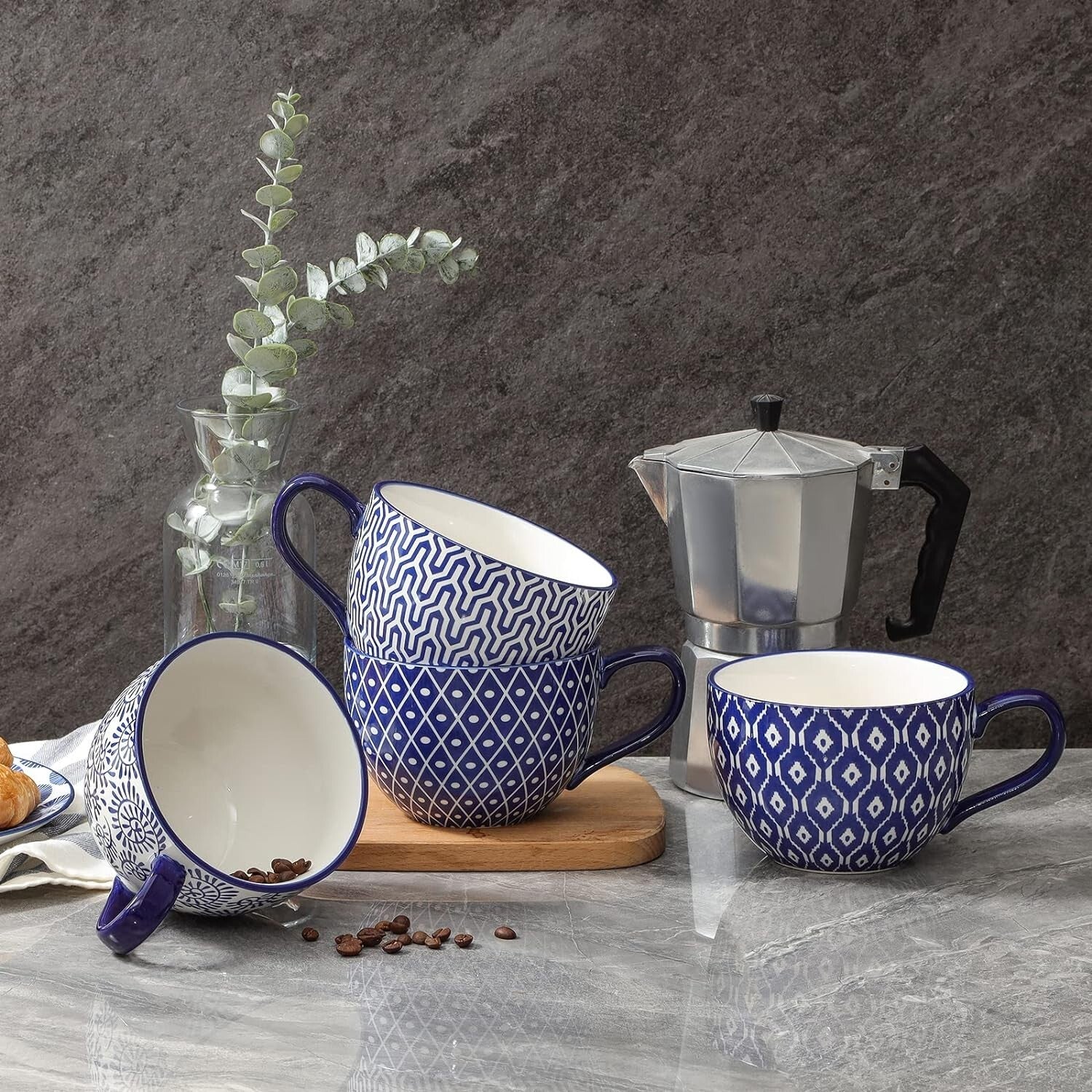 Elegant 24 Oz Jumbo Coffee Mug Set of 4 - Vintage Blue Ceramic with Large Handle
