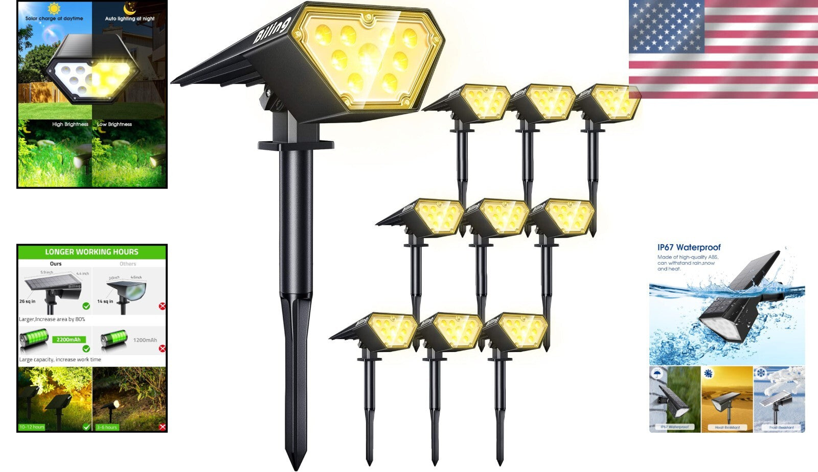 Bright 3000K Solar Spotlights - IP67 Waterproof Adjustable Outdoor 10 Pack