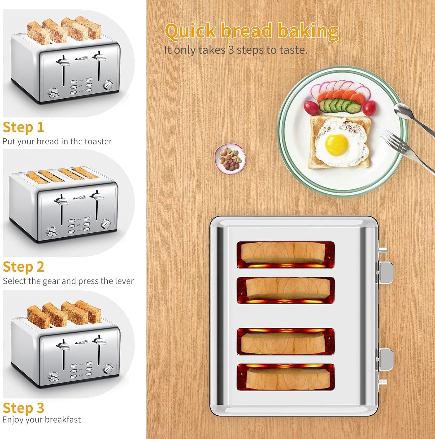 Automatic 4-Slice Stainless Steel Toaster with Removable Tray & Bagel Function