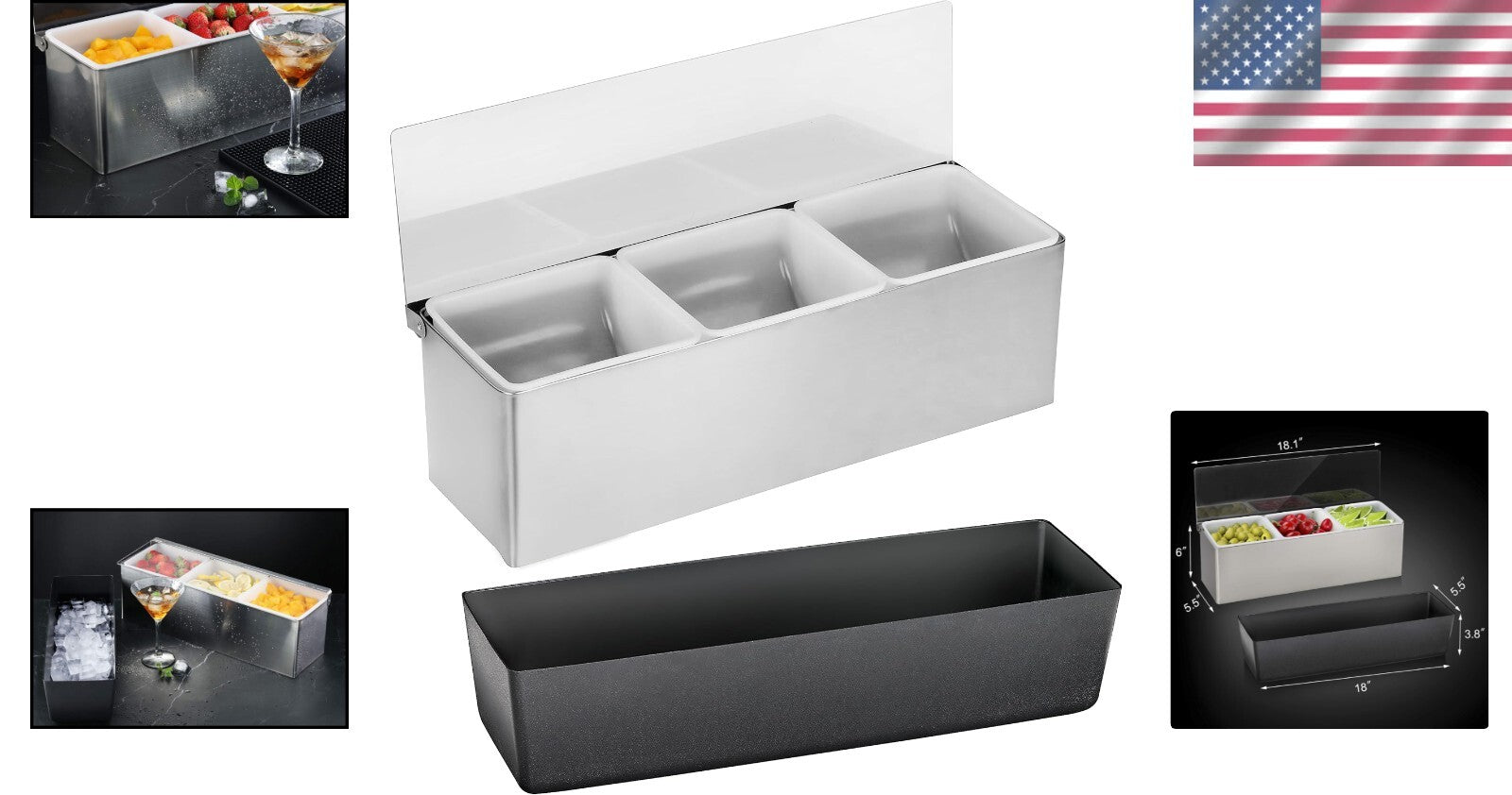 Multi-Compartment Stainless Steel Condiment Organizer with Hinged Acrylic Lid