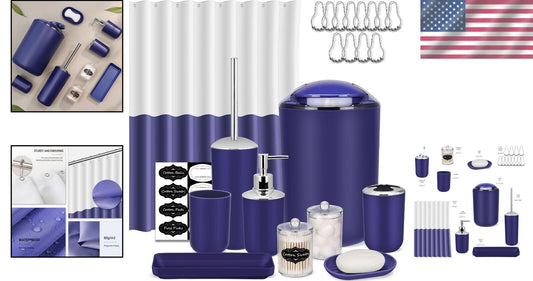 Durable Navy Blue Bathroom Accessories Set – Shower Curtain & Storage Solutions