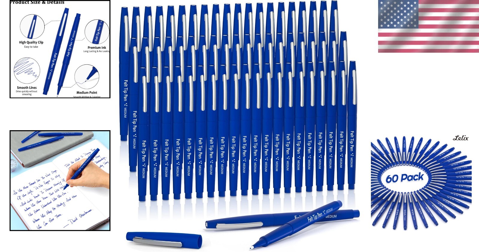 60 Blue Felt Tip Pens - Non-Toxic, Quick-Drying for Classroom & Office