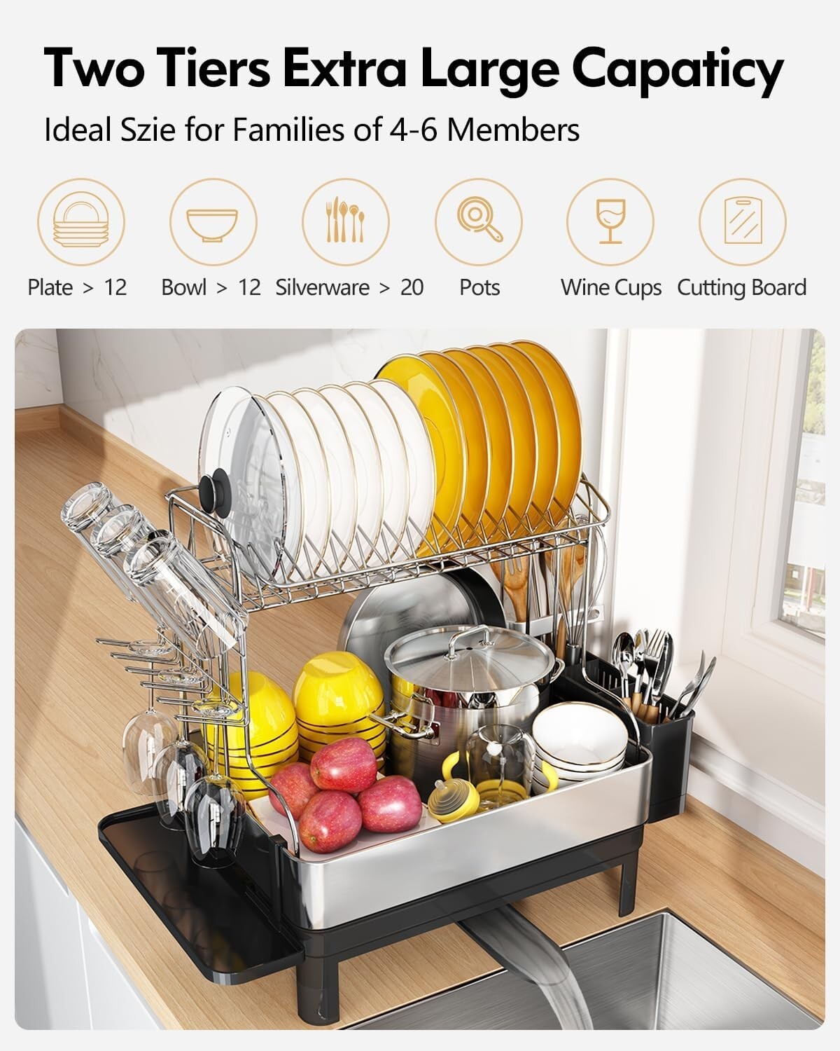 Extra Large Dish Drying Rack With Drainboard - Ideal for Families & Kitchen Use