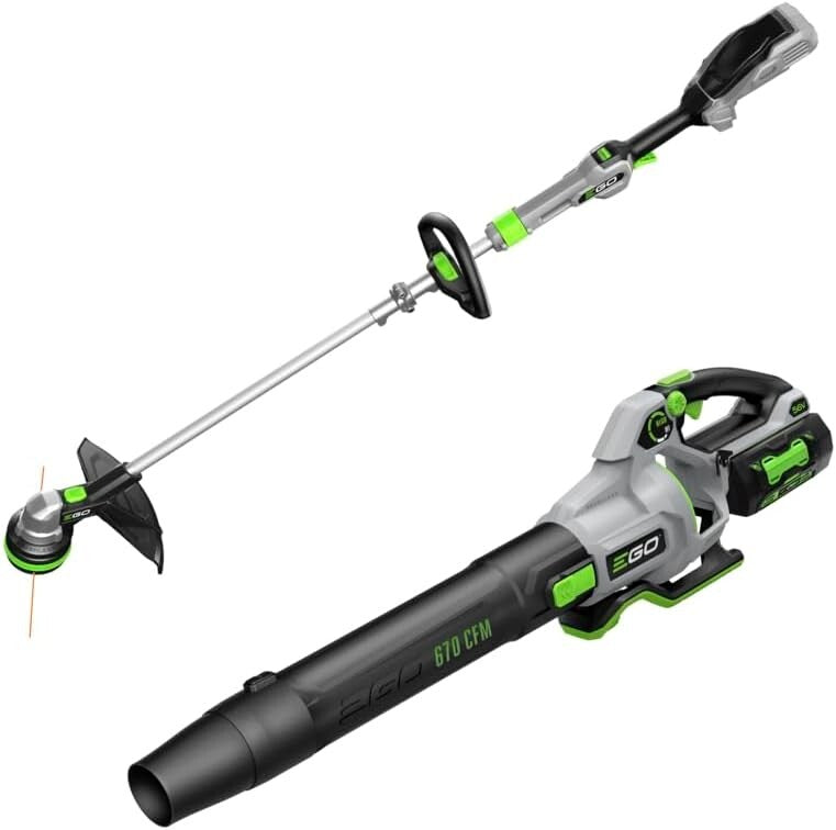 56V Battery-Powered 15” Trimmer and 670 CFM Leaf Blower for Yard Mastery