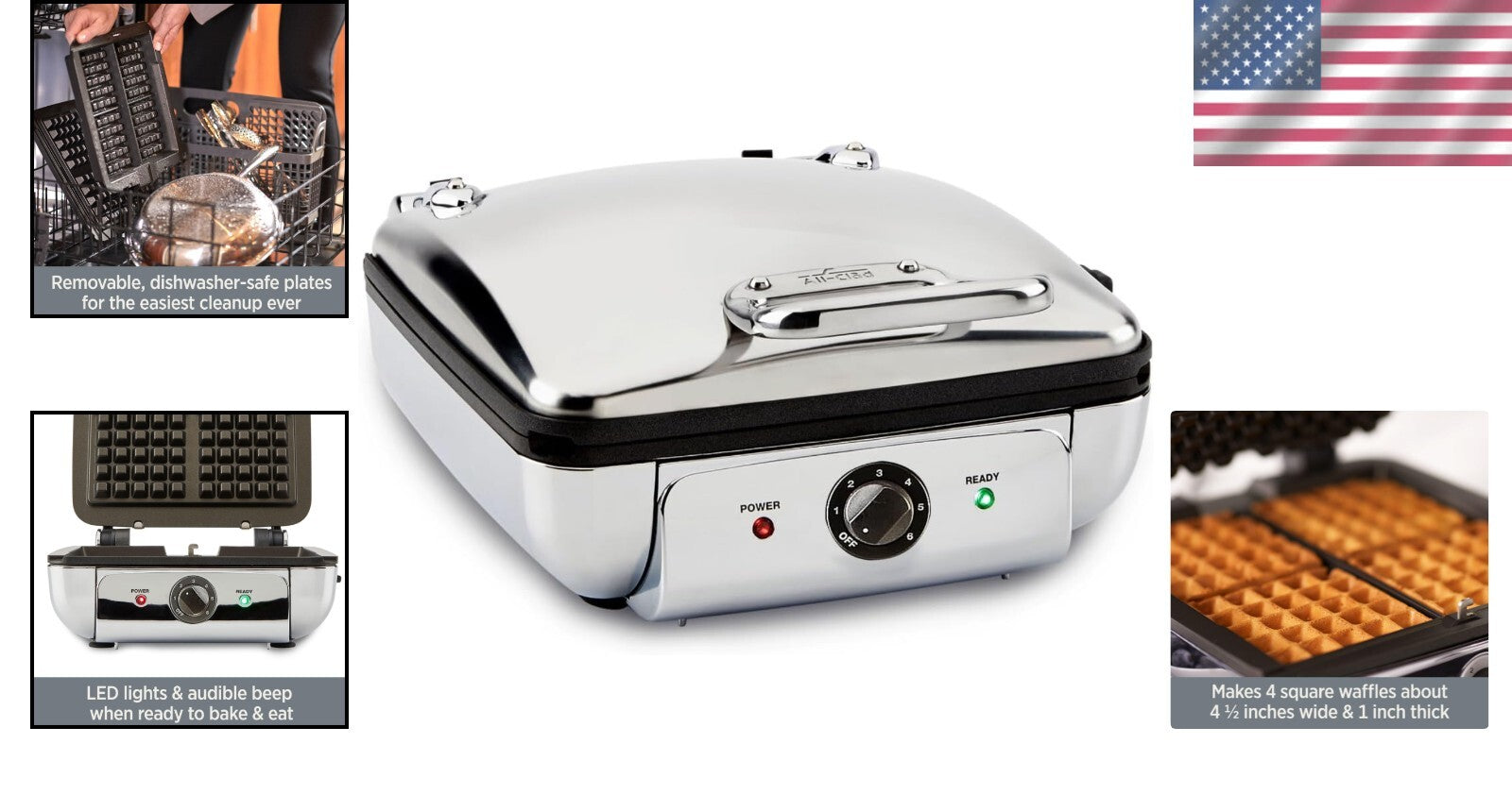 Dishwasher Safe 4 Waffle Maker - Elegant Stainless Steel with 6 Browning Options