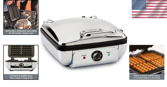 Dishwasher Safe 4 Waffle Maker - Elegant Stainless Steel with 6 Browning Options