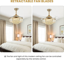 Load image into Gallery viewer, Modern Gold Crystal Ceiling Fan with Dimmable LED Lights, 42" Retractable Design
