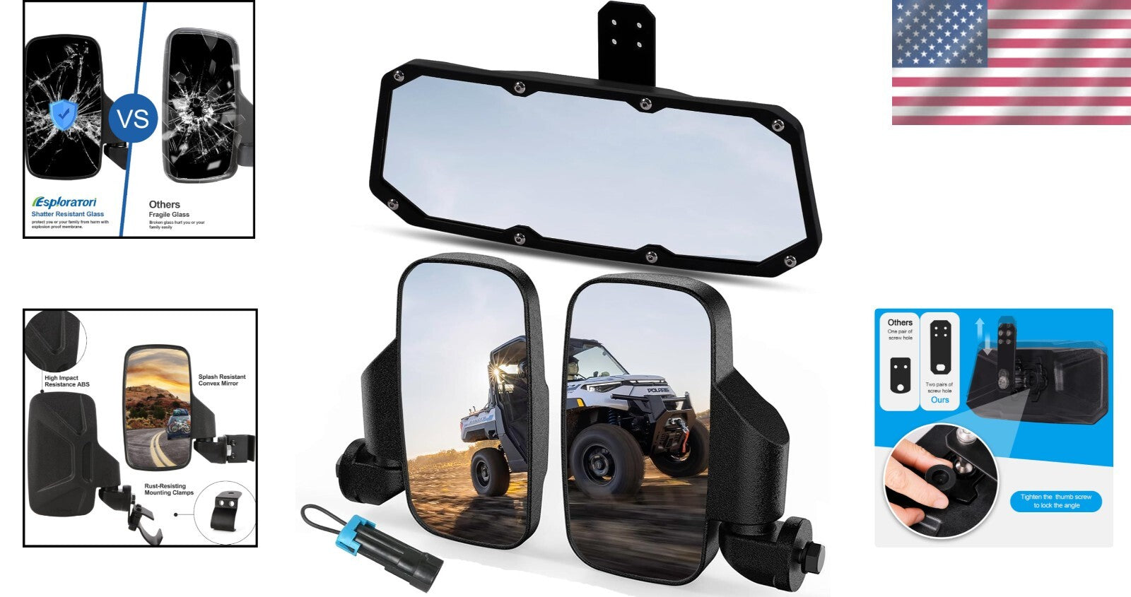 Adjustable UTV Side Mirrors & Rear View Mirror Set for 2015-2024 Polaris Rangers