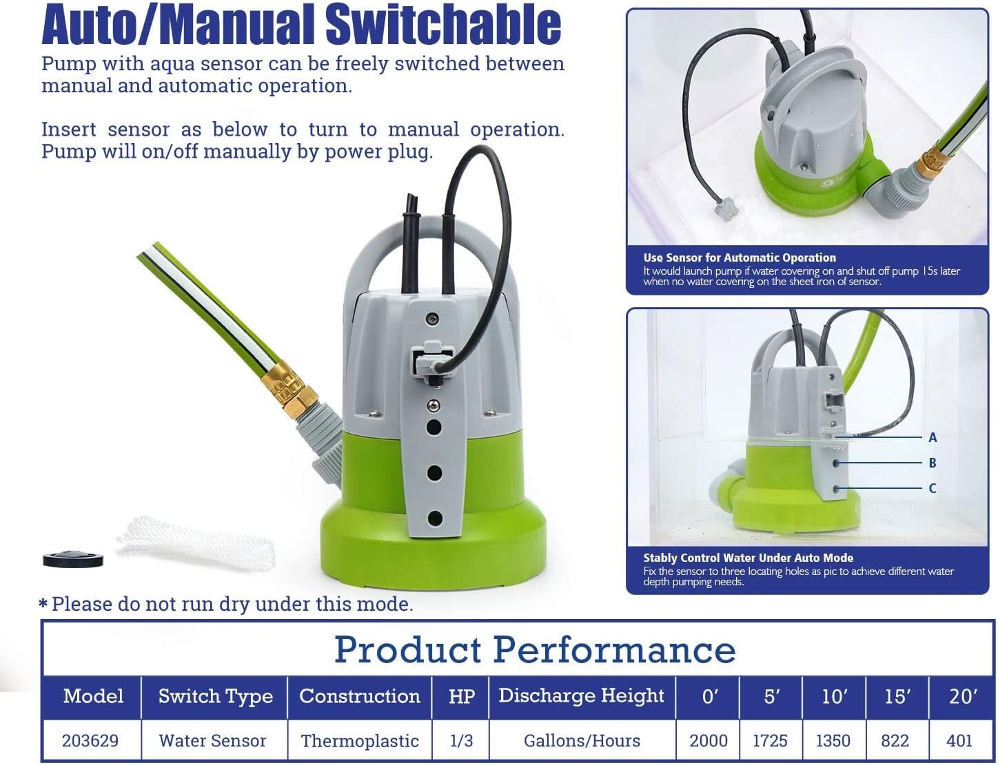 Effortless Water Removal: Green 1/3HP Submersible Pump with Automatic Function