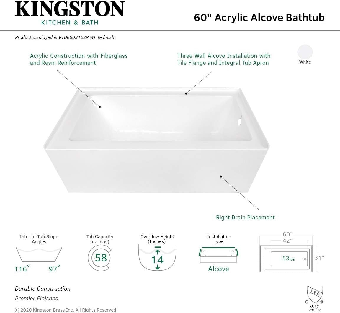 Durable 60-Inch Acrylic Bathtub for Alcove Installation - Right Drain - White
